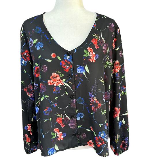 ALLISON JOY Womens Size Large Black Floral Button Down Scoop Neck Blouse - Picture 1 of 6